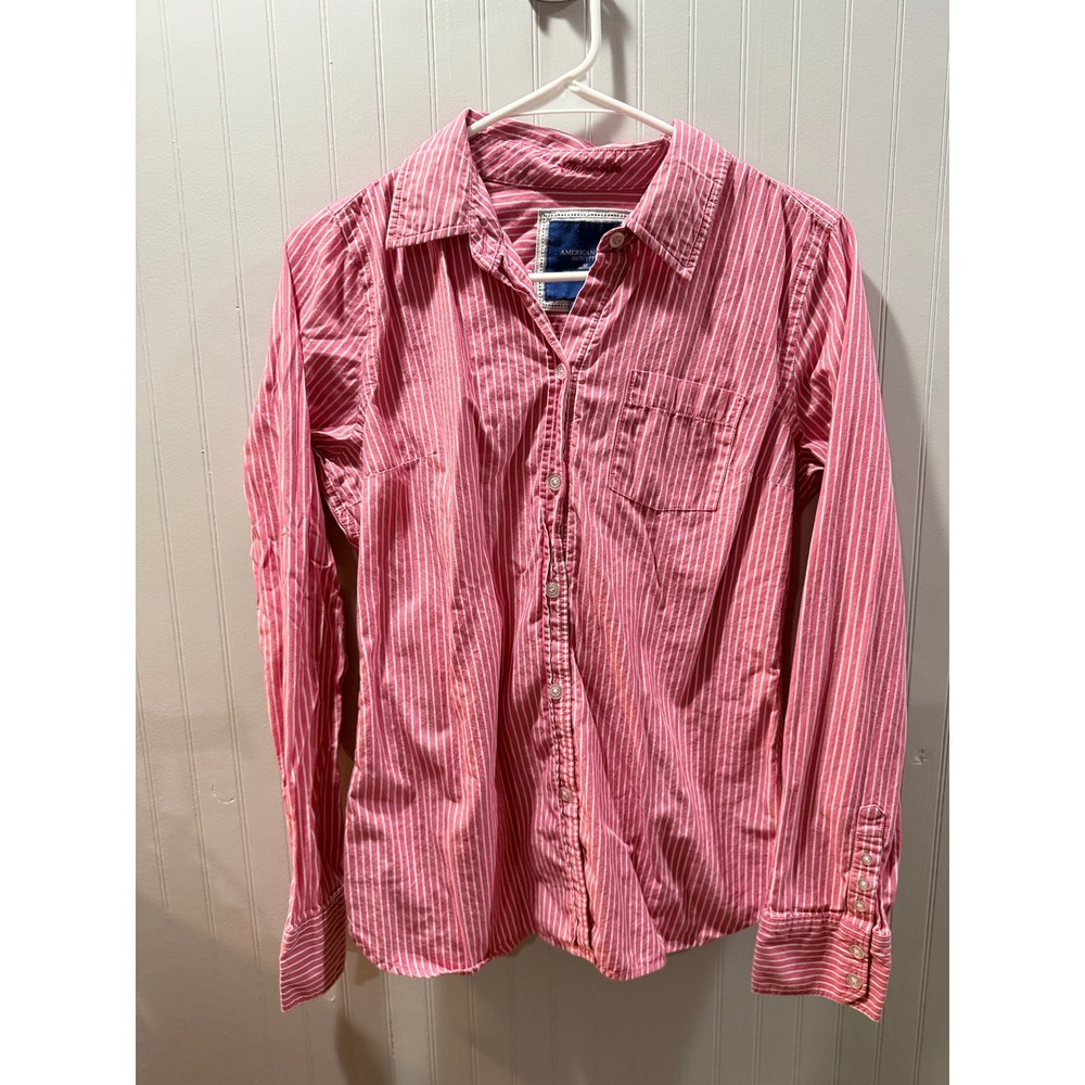 American‎ Eagle Outfitters Pink White Striped Button Down Favorite Shirt Size 10